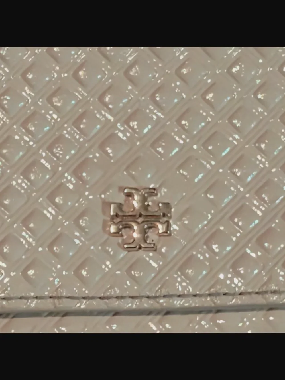 Tory Burch Marion Embossed Diamond Pattern Pink Patent Leather Gold Hardware